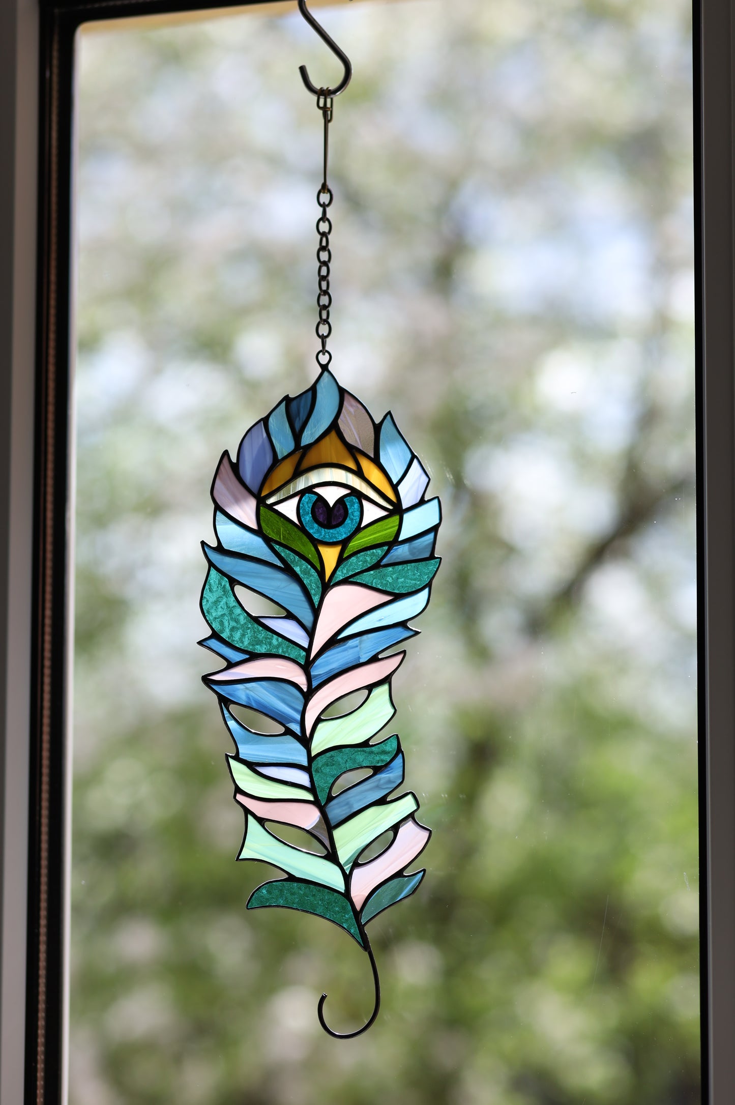 Stained Glass Peacock Feather Suncatcher – Handmade Evil Eye Window Hanging