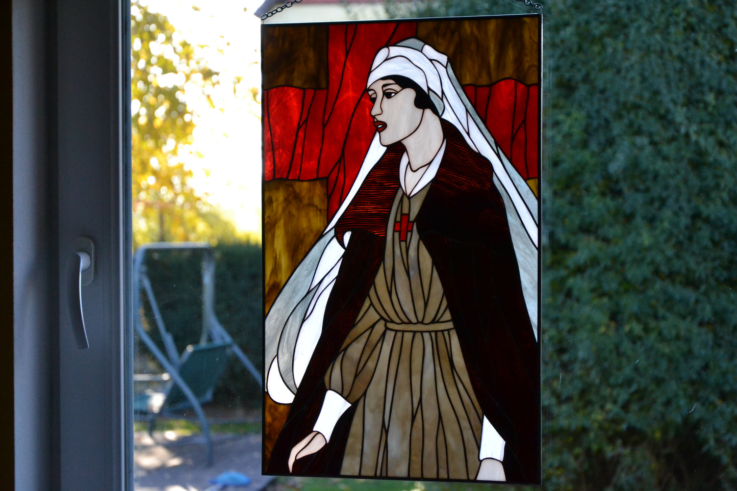 Stained glass panel Wall decor Nurse from the cover of Vogue magazine Stain glass suncatcher Red cross Stained glass portrait Xmas gift