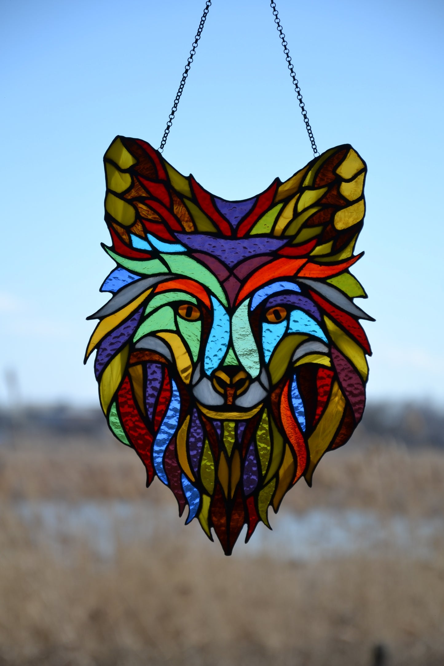 Suncatcher Stained glass window hanging Wolf glass Pop art Stained glass panel Wall decor Gift for him Stain glass pendant