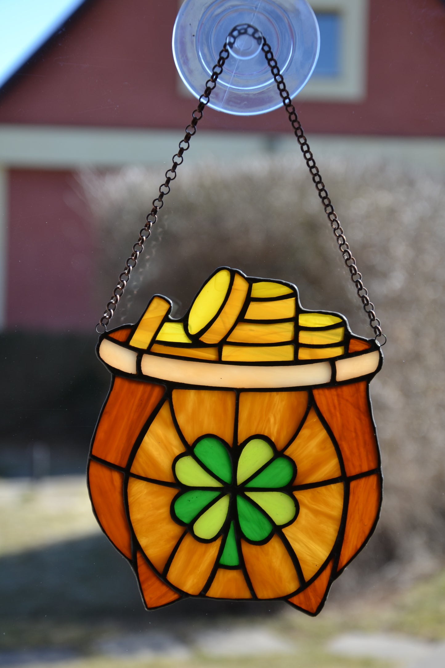 Stained glass suncatcher Leprechaun pot full of gold Protective amulet Window hanging Irish decor Mother's day gift