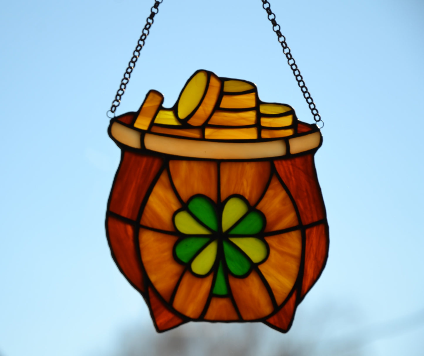 Stained glass suncatcher Leprechaun pot full of gold Protective amulet Window hanging Irish decor Mother's day gift