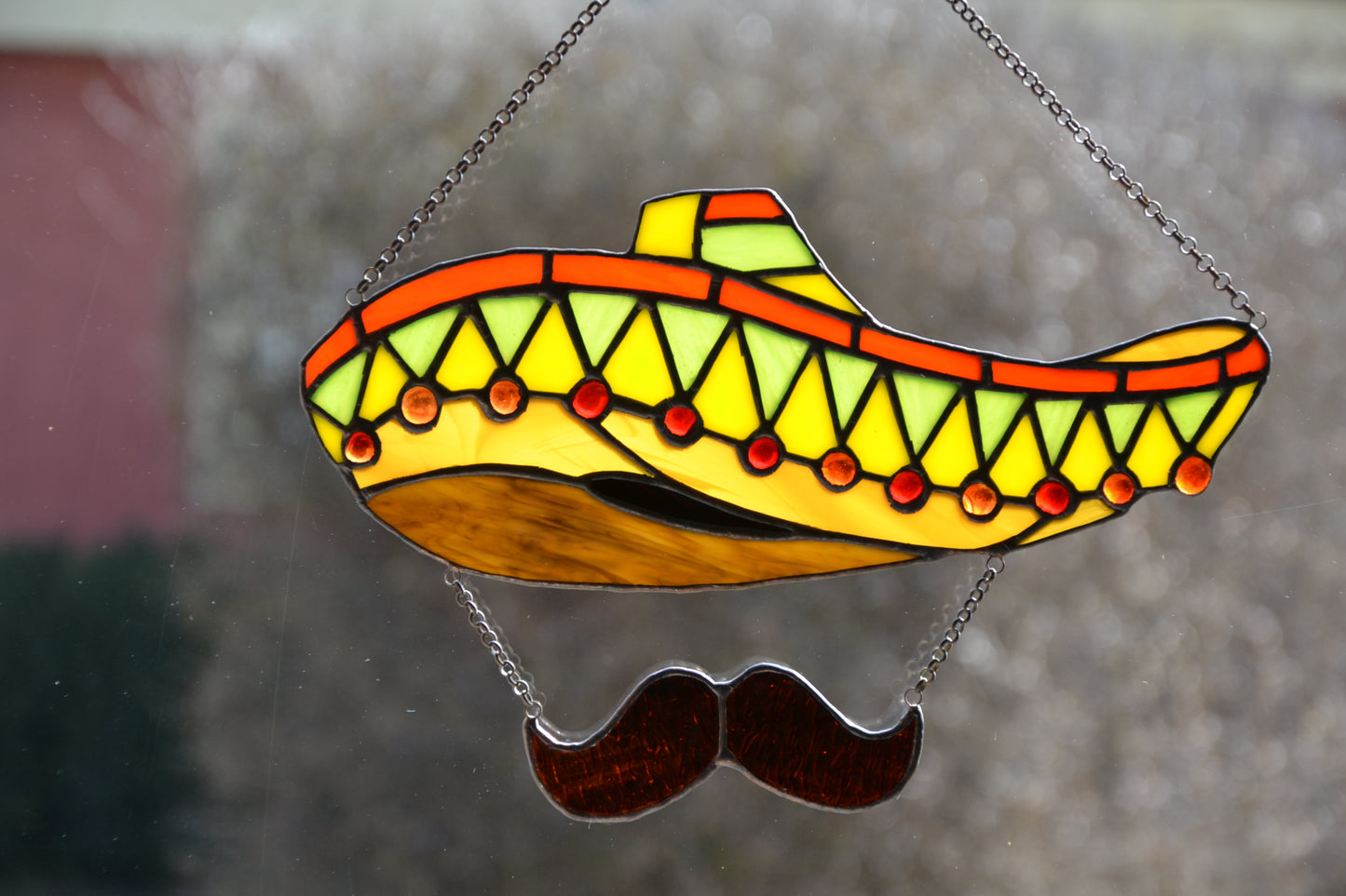 Stained glass suncatcher Sombrero Wall decor Window hanging sun catcher Mexican style Garden decor Friendly gift Glass mustache Cool gift