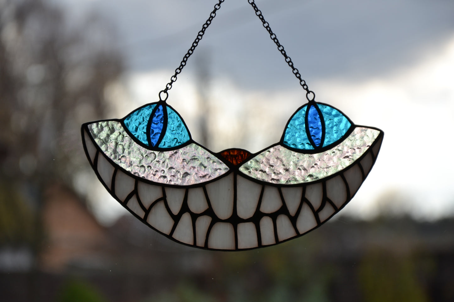 Cheshire Cat Suncatcher Stained glass window hanging Alice in the Wonderland Stained glass window Wall art hanging Gift idea Garden decor  Christmas gift