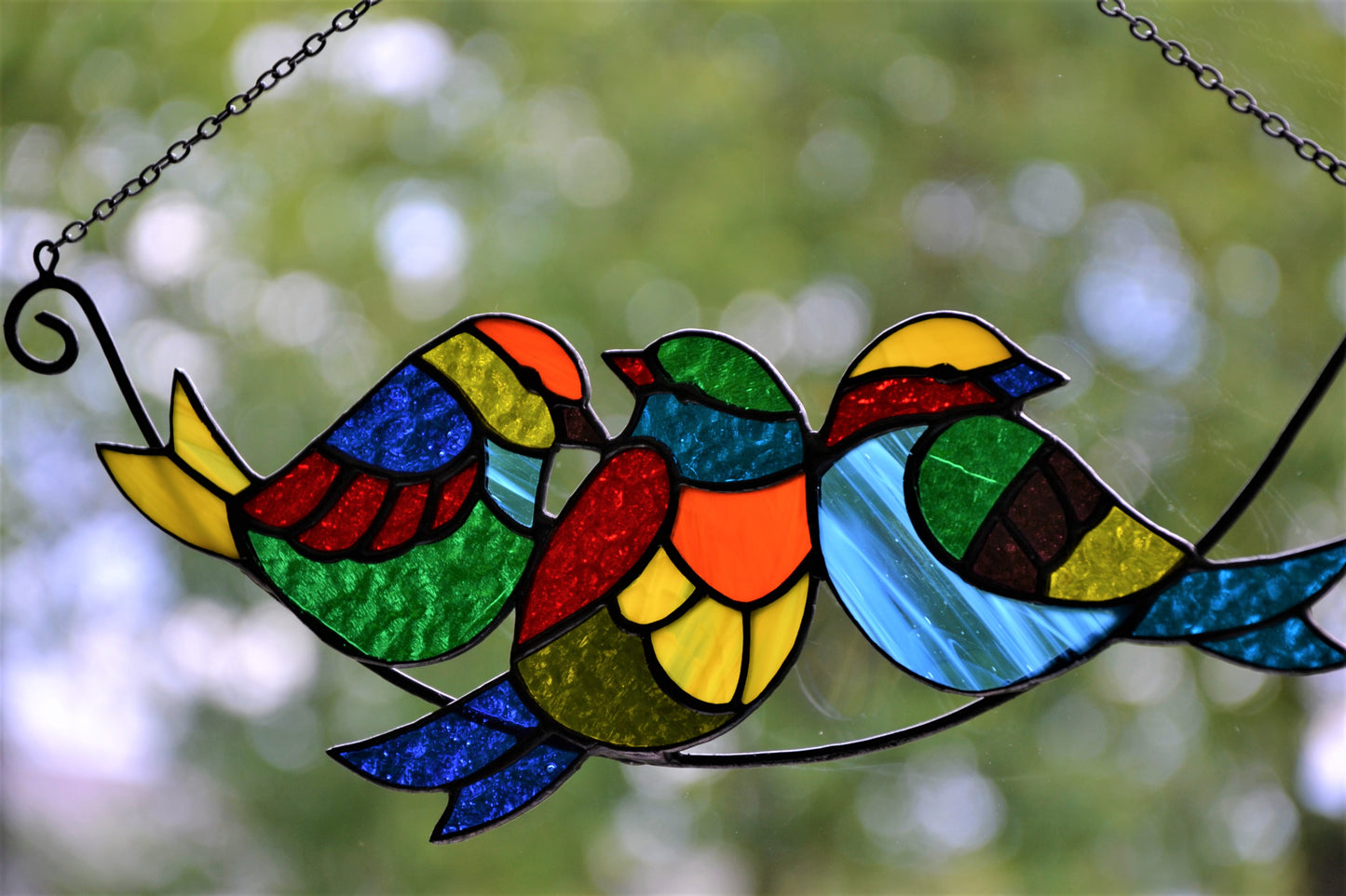 Birds on a branch suncatcher Mother's day gift Stained glass window hanging Multicolor birds Wall decor Xmas gift Garden hanging Living room  Christmas gift