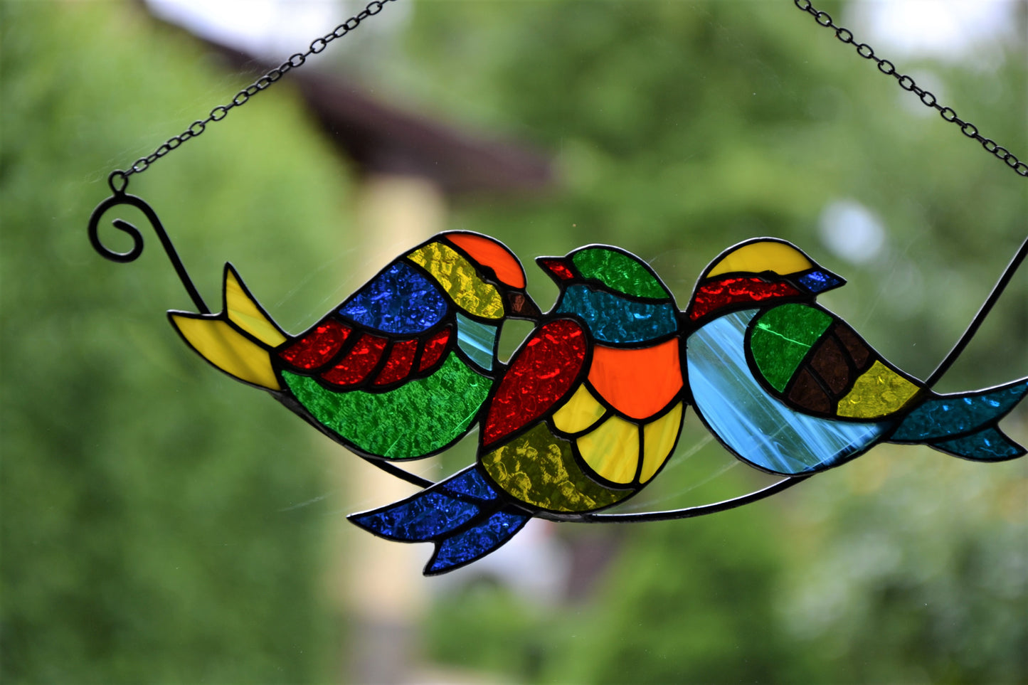 Birds on a branch suncatcher Mother's day gift Stained glass window hanging Multicolor birds Wall decor Xmas gift Garden hanging Living room  Christmas gift