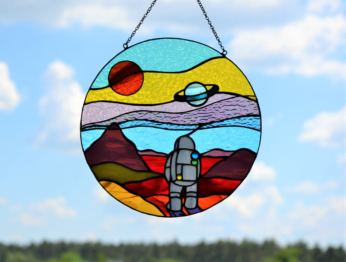 Stained glass suncatcher Space landscape Window hanging sun catcher Christmas gift Stained glass art Wall decor Mars mission Round panel