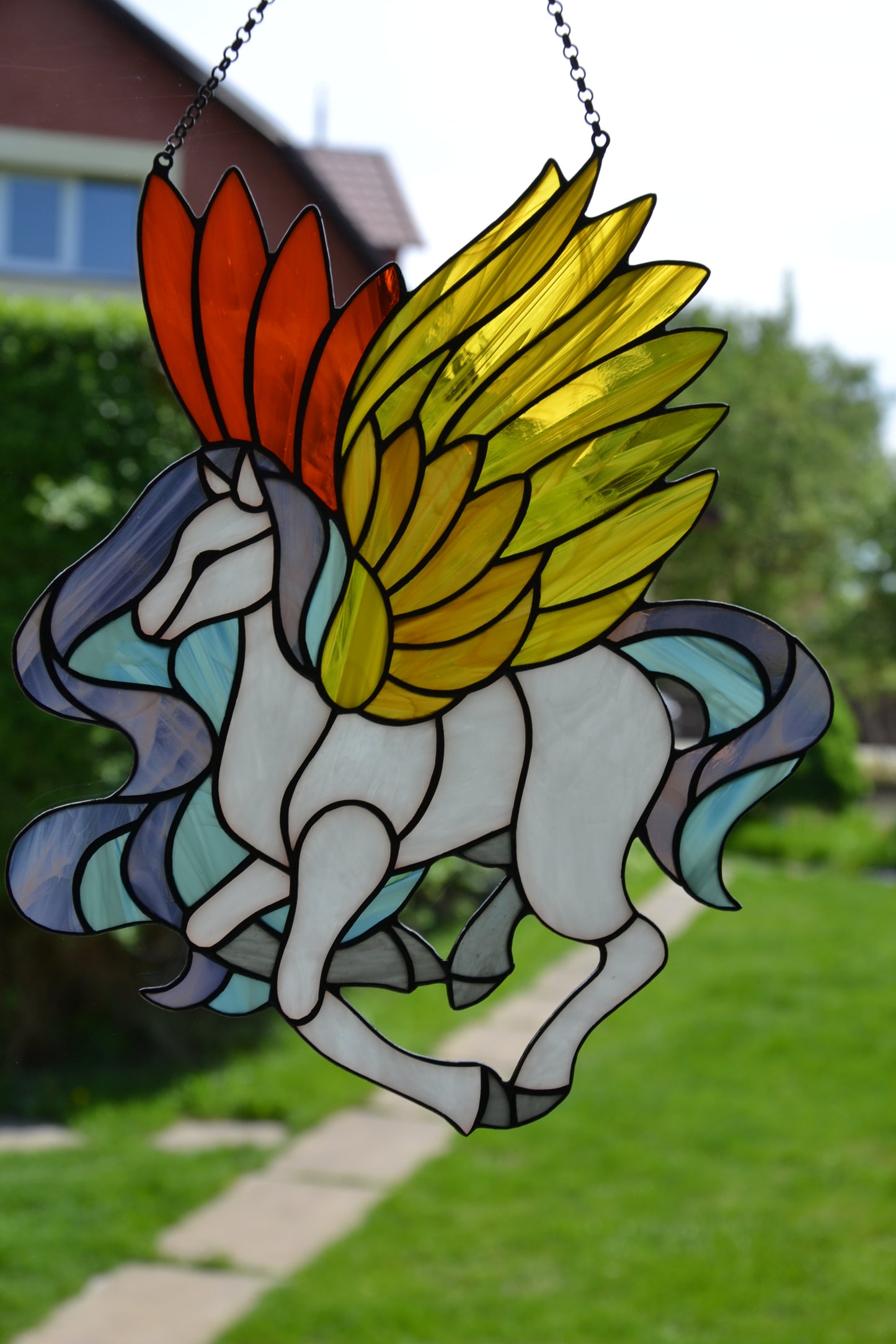 Stained glass sun catcher Pegasus Stained glass window hanging Christmas gift Wall decor Stain glass panel Glass horse Fairy tale character
