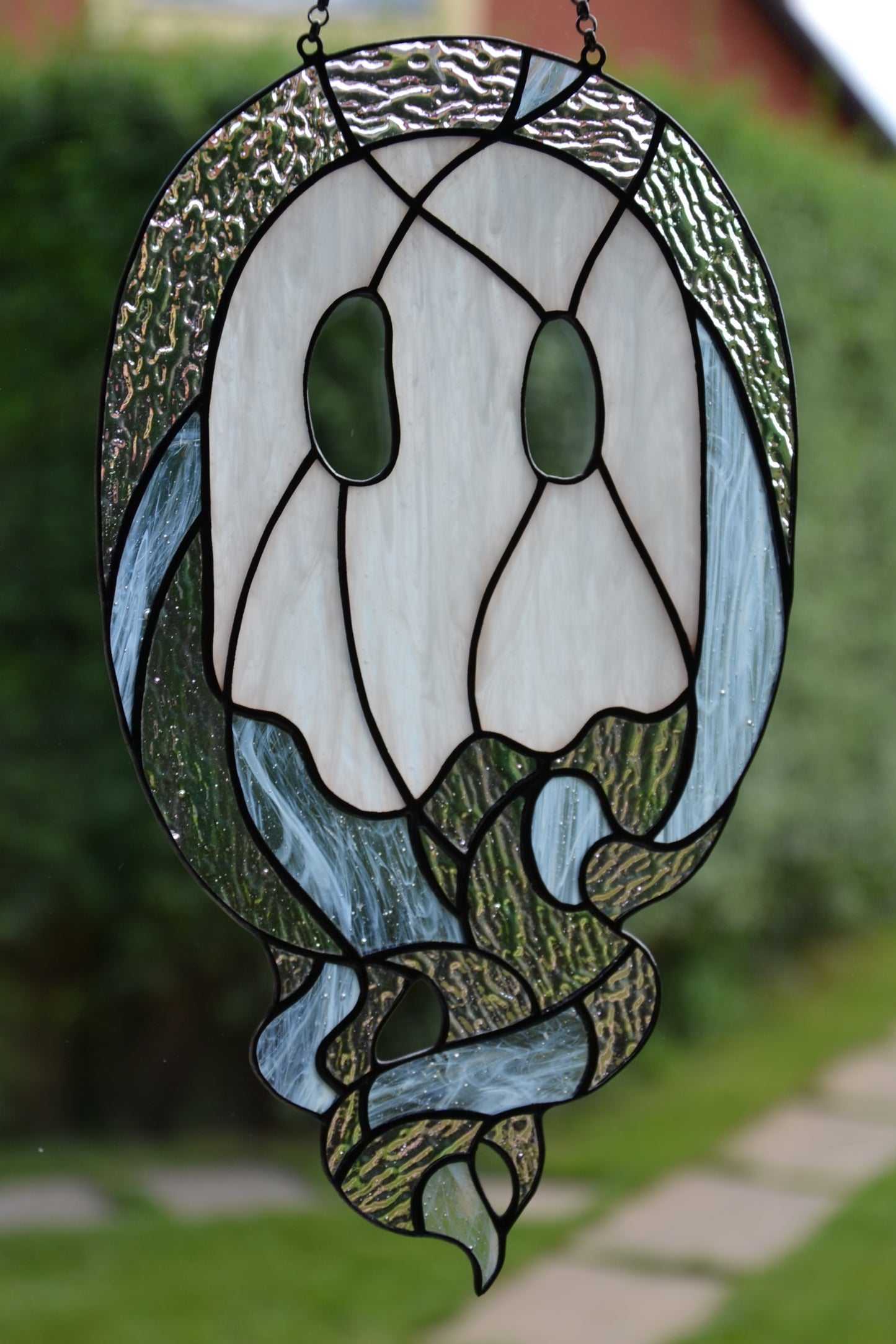 Stained glass suncatcher Ghost window hanging Stained glass decoration Fany gift Bedroom decor Garden hanging White glass Wall decor