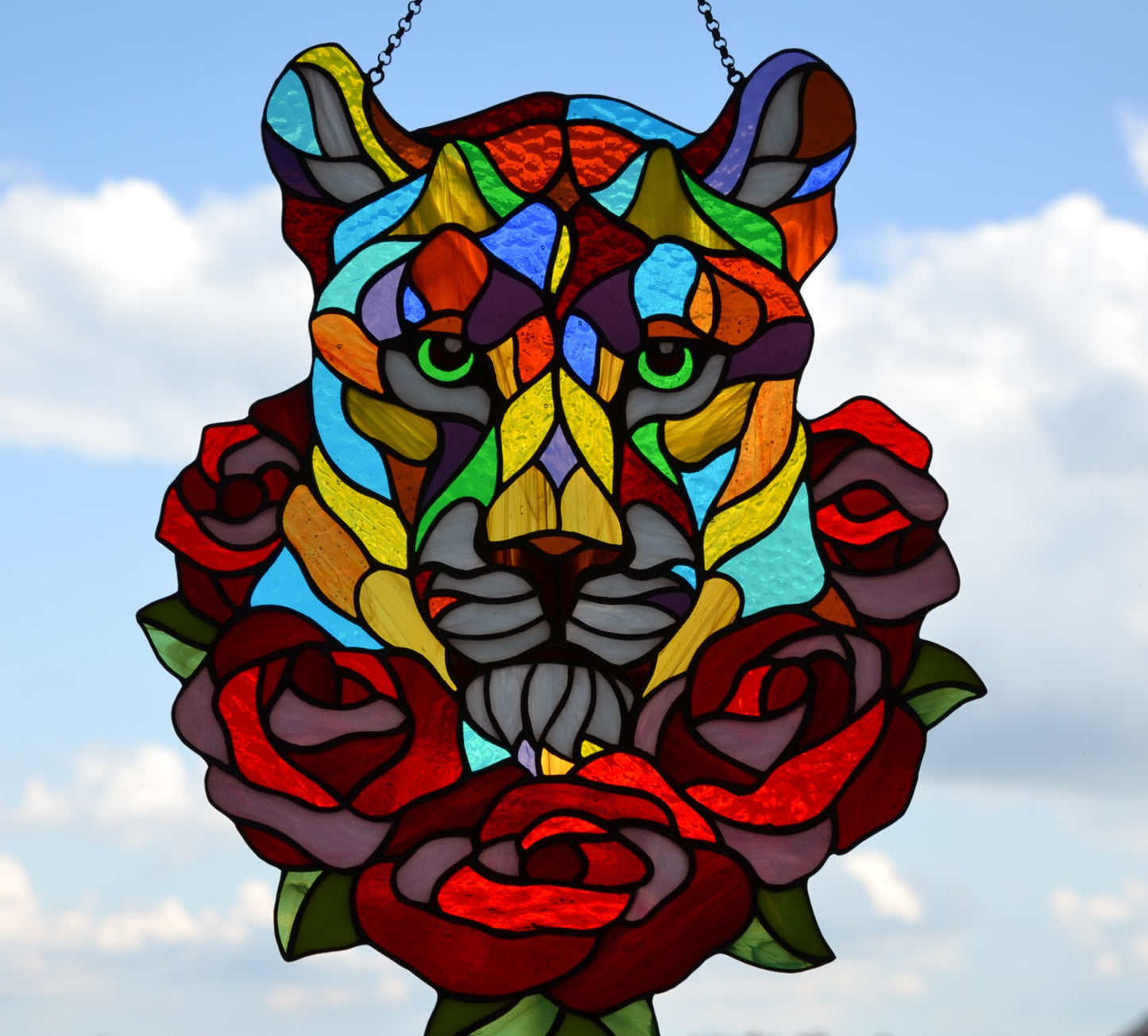 Stained glass suncatcher Lioness in roses window hanging Stain glass gift Wall decor Tiffany style Stain glass hanging Lion