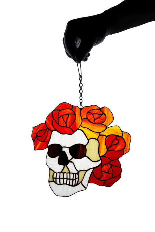 Stained glass suncatcher Grateful Dead Berta Skull and roses Music logo Glass art Santa muerte Glass calavera Gift for a man Stain glass