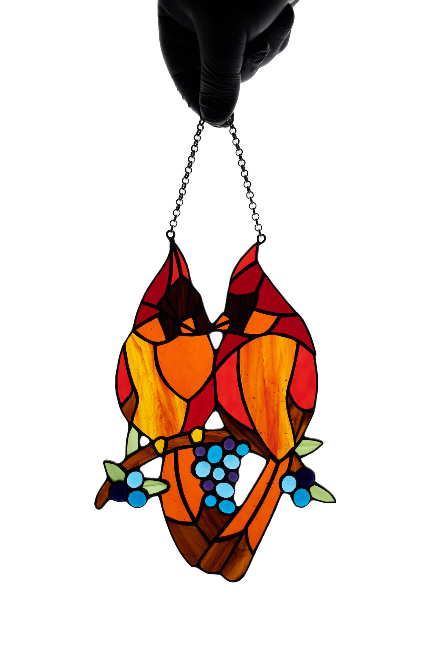 Suncatcher Stain glass hanging Сardinal Stained glass bird Wall decor Window hanging sun catcher Gift for mom Glass berries Fused glass