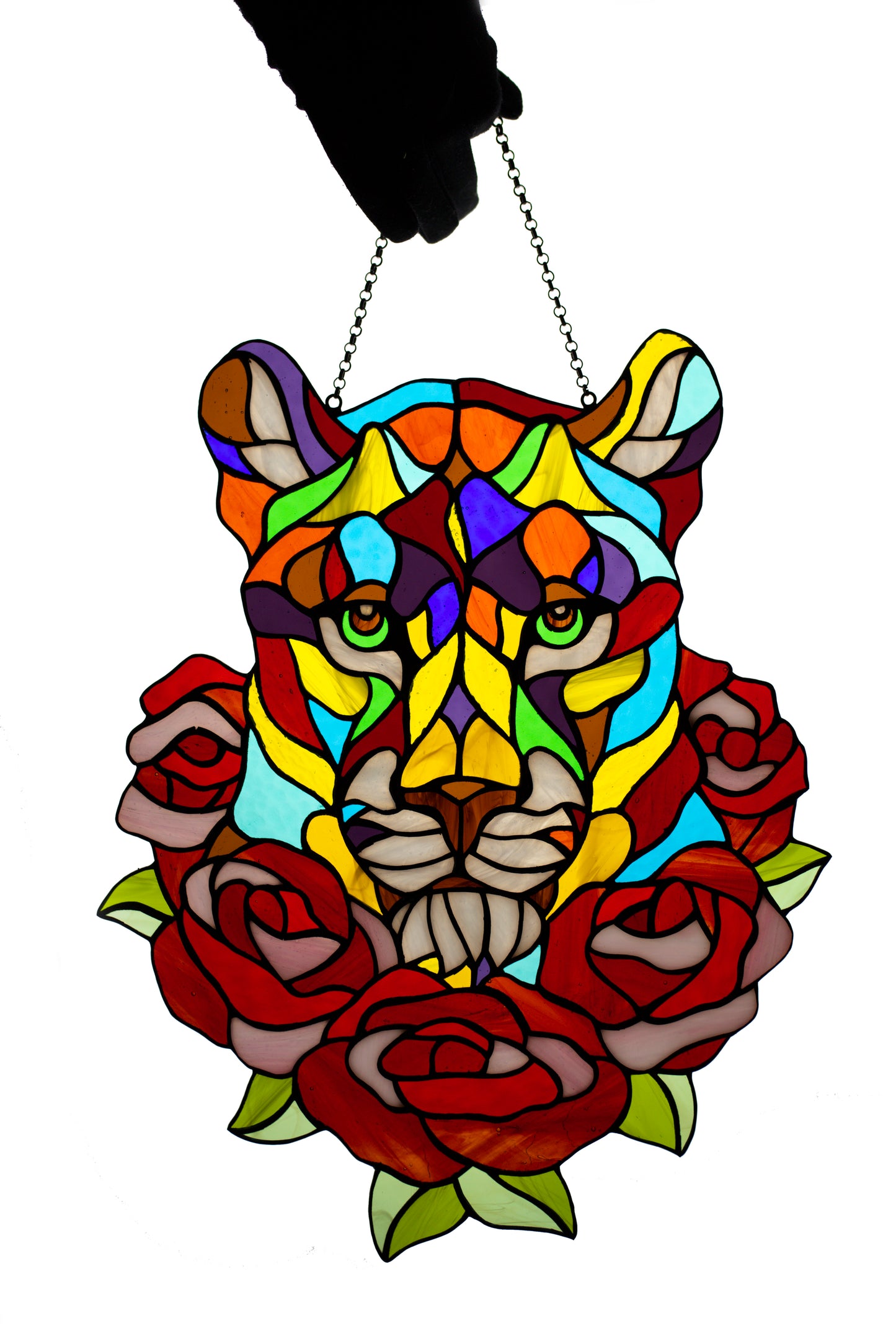 Stained glass suncatcher Lioness in roses window hanging Stain glass gift Wall decor Tiffany style Stain glass hanging Lion