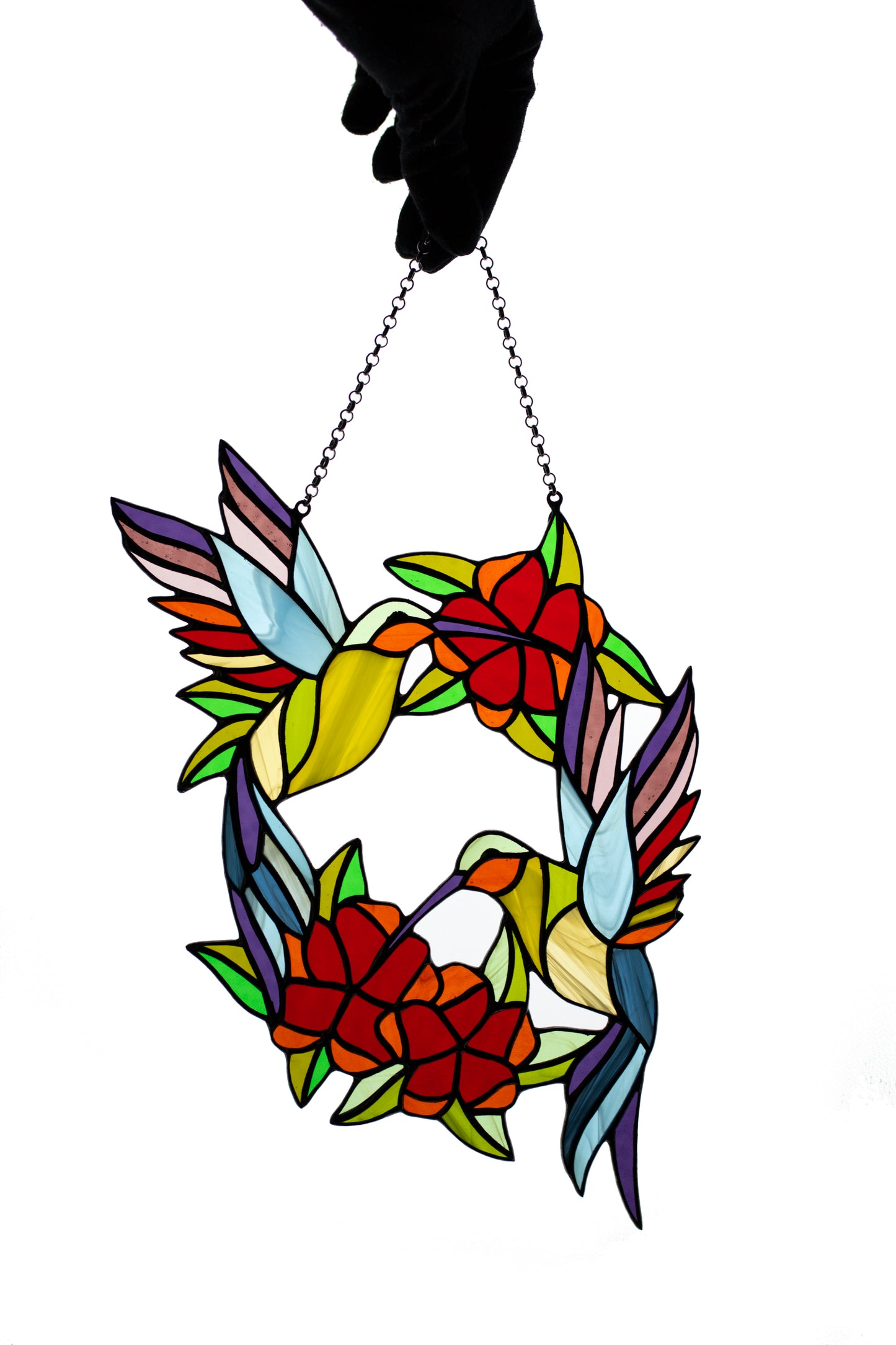 Stain glass suncatcher Hummingbirds and flowers wreath Stained glass window hanging Xmas gift Wall decor Living room decor Custom glass