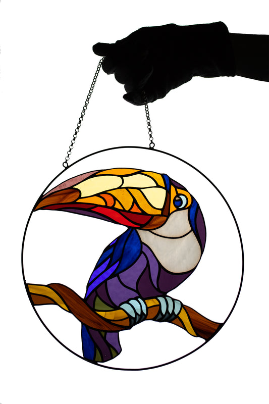 Stained glass bird Toucan Window hanging bird Glass art Gift idea Stain glass bird Ring suncatcher Wall hanging bird Wall decor