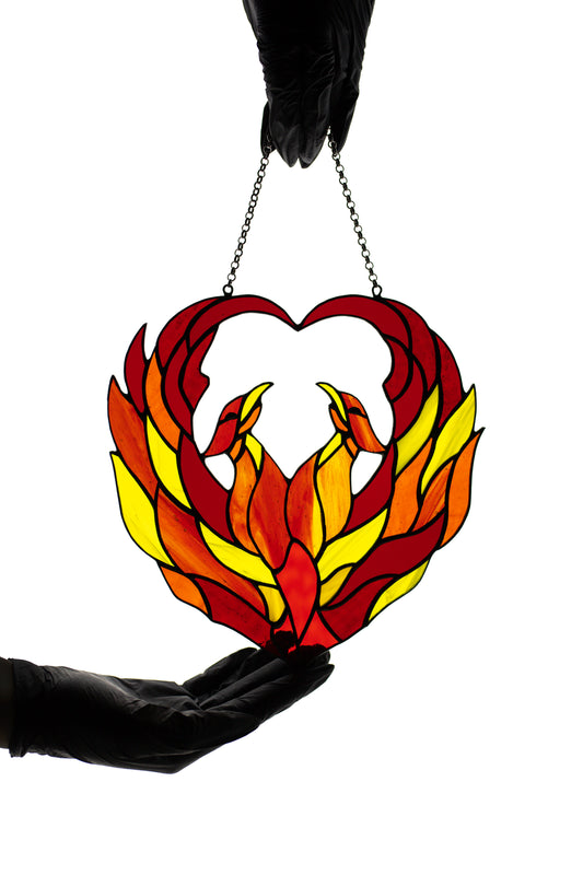 Phoenix suncatcher Stained glass window hanging Gift for Twins Love gift Glass art Flame firebird Mother's day gift