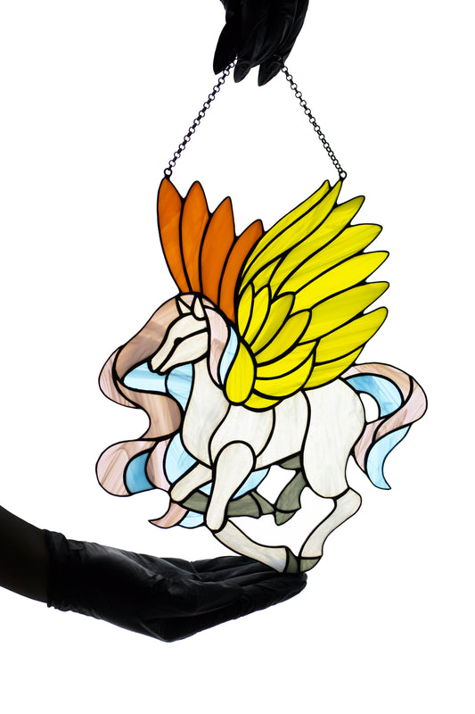 Stained glass sun catcher Pegasus Stained glass window hanging Christmas gift Wall decor Stain glass panel Glass horse Fairy tale character