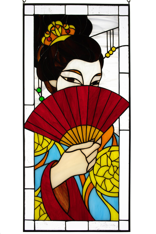 Stained glass panel Geisha image Japanese style Window hanging suncatcher Wall decor Glass fan Stain glass gift Custom order Stain window