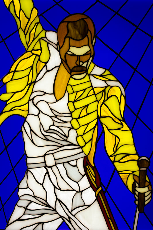 Stained glass panel Freddie Mercury Window hanging Pop art glass Custom stained glass Suncatcher window pendant Stained glass picture