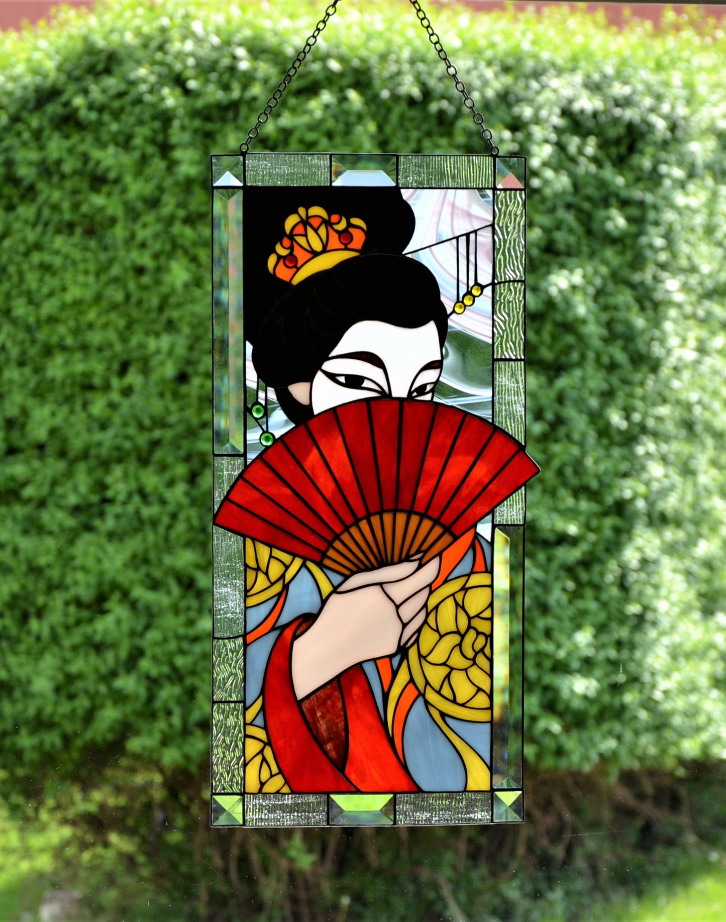 Stained glass panel Geisha image Japanese style Window hanging suncatcher Wall decor Glass fan Stain glass gift Custom order Stain window