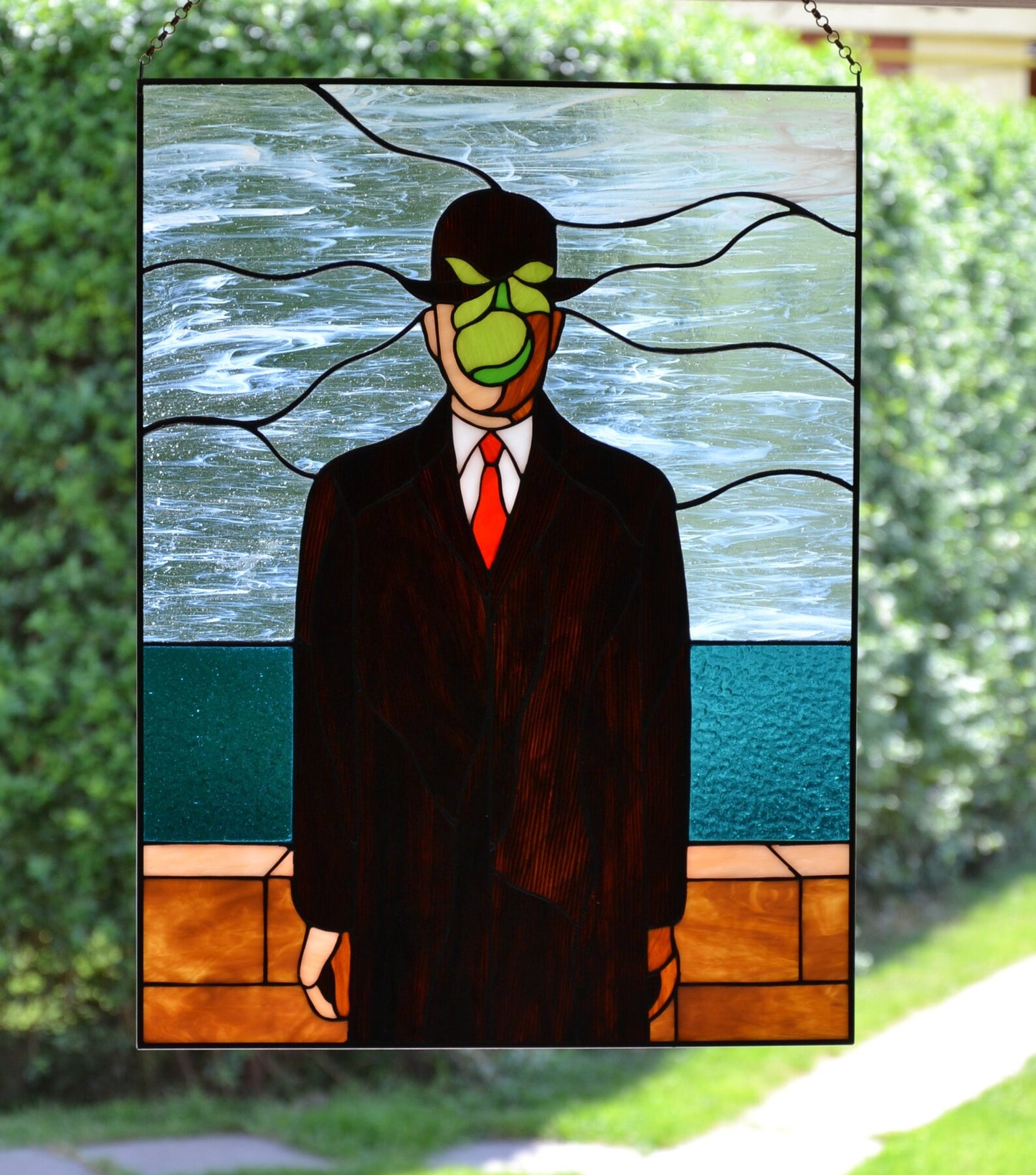 Stained glass panel Son of man Rene Magritte painting Handmade stained glass panel Glass art Reproduction art Suncatcher Mother's day gift