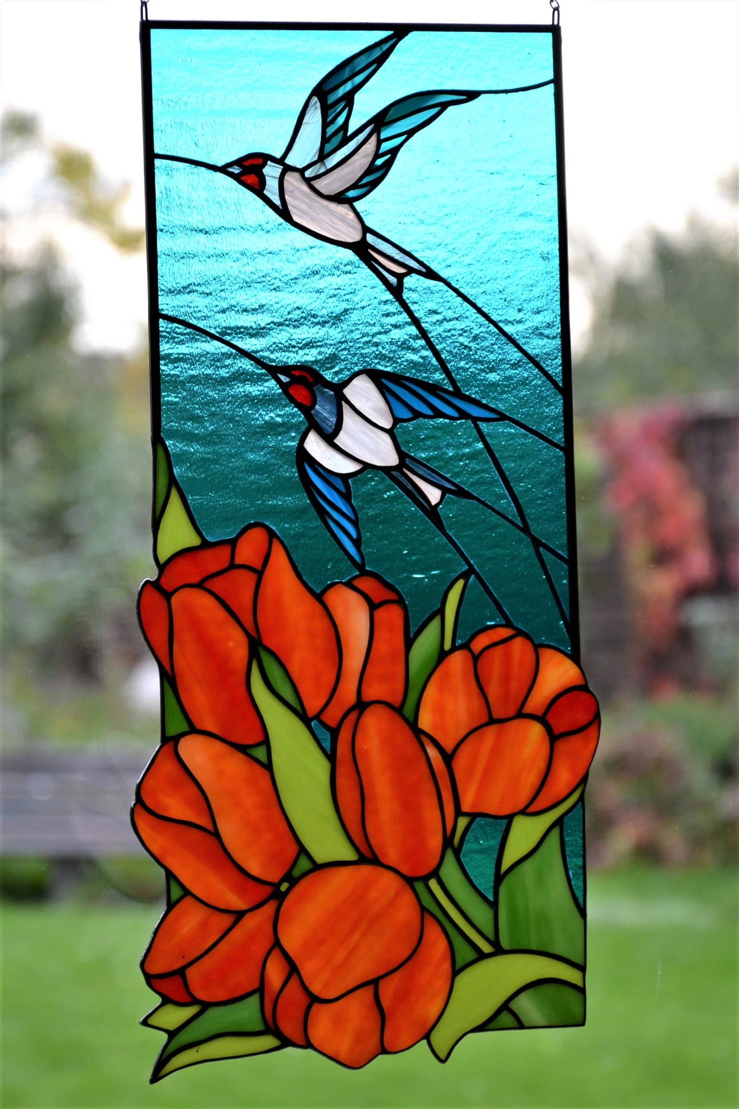 Spring stained glass panel Glass birds Glass flowers Tulips and swallows Window hanging panel Mother's day gift