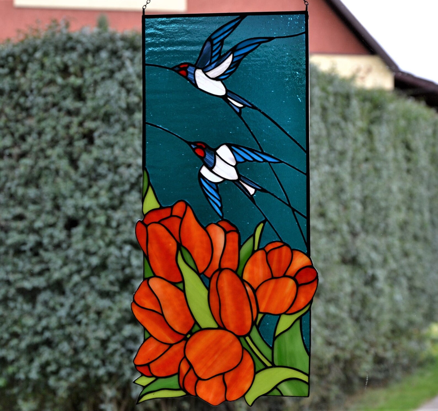 Spring stained glass panel Glass birds Glass flowers Tulips and swallows Window hanging panel Mother's day gift