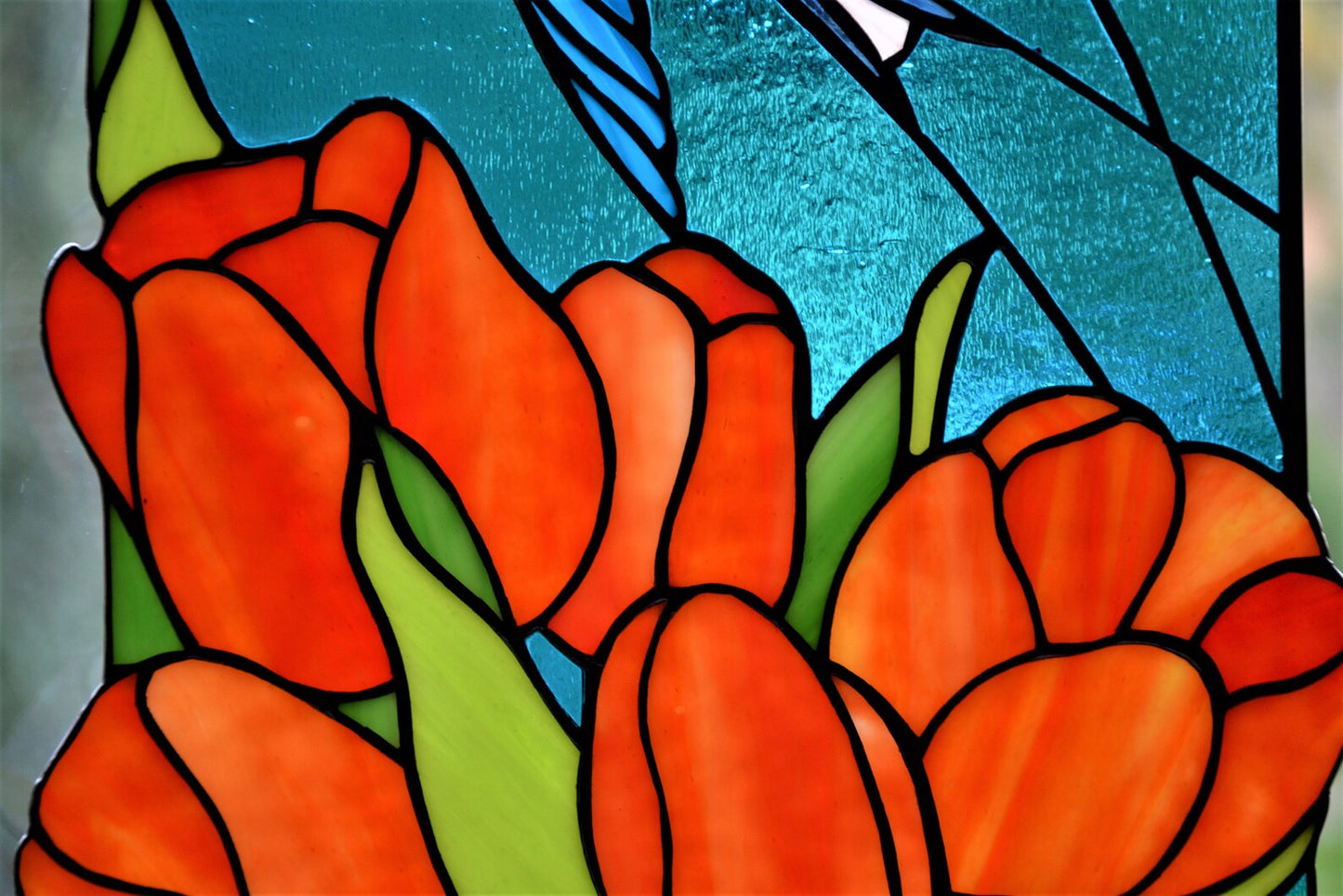 Spring stained glass panel Glass birds Glass flowers Tulips and swallows Window hanging panel Mother's day gift