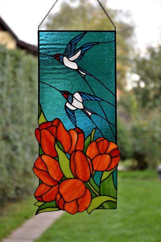Spring stained glass panel Glass birds Glass flowers Tulips and swallows Window hanging panel Mother's day gift
