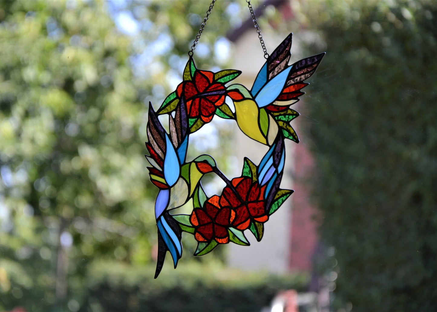 Stain glass suncatcher Hummingbirds and flowers wreath Stained glass window hanging Xmas gift Wall decor Living room decor Custom glass