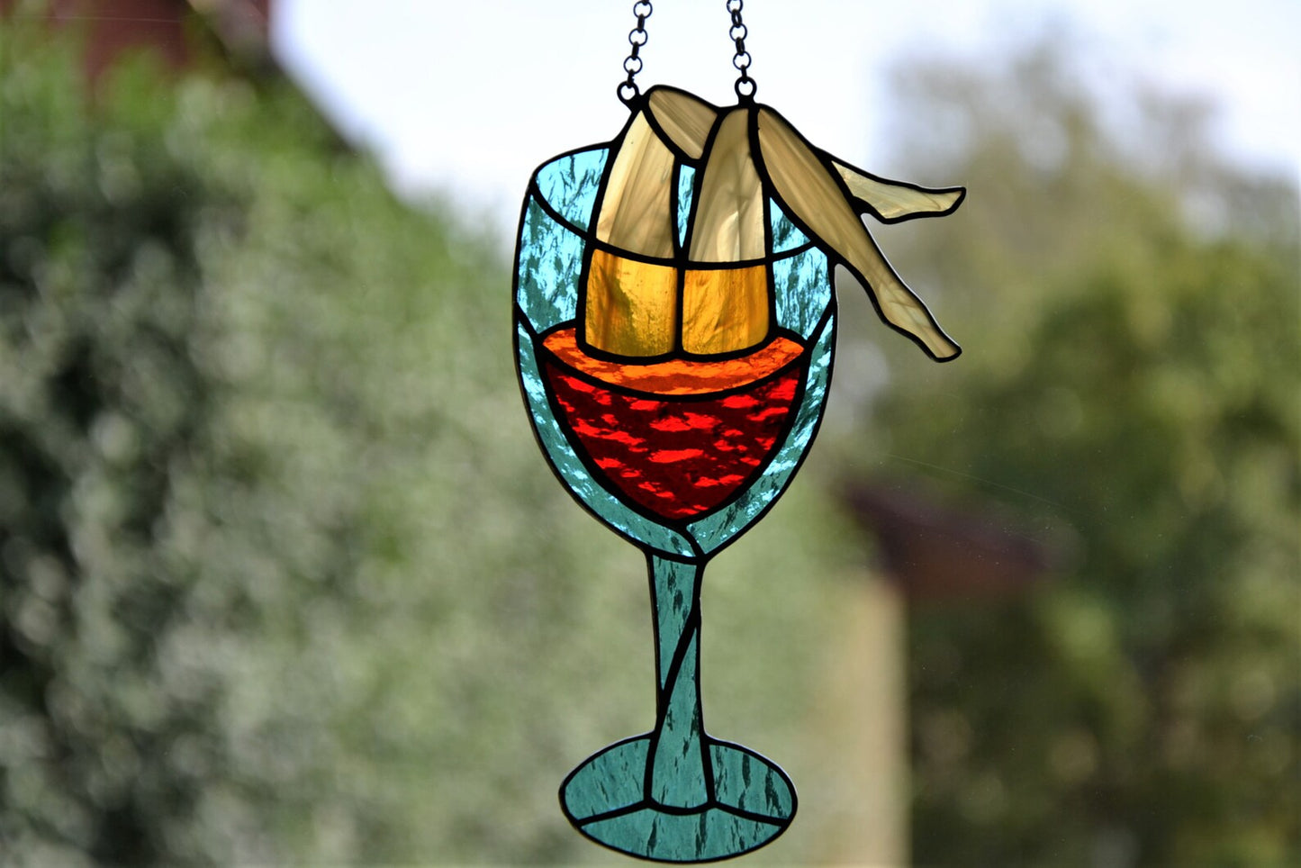 Suncatcher Stained glass window hanging Wine diving Stain glass art Wall decor Gift for her Wine glass Joke gift Handmade gift Xmas gift
