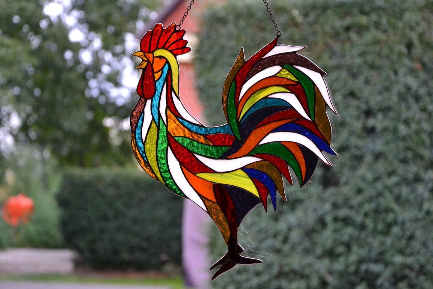 Stain glass suncatcher Rooster window hanging Stained glass bird Garden decor Glass chicken Wall decor Friendly gift