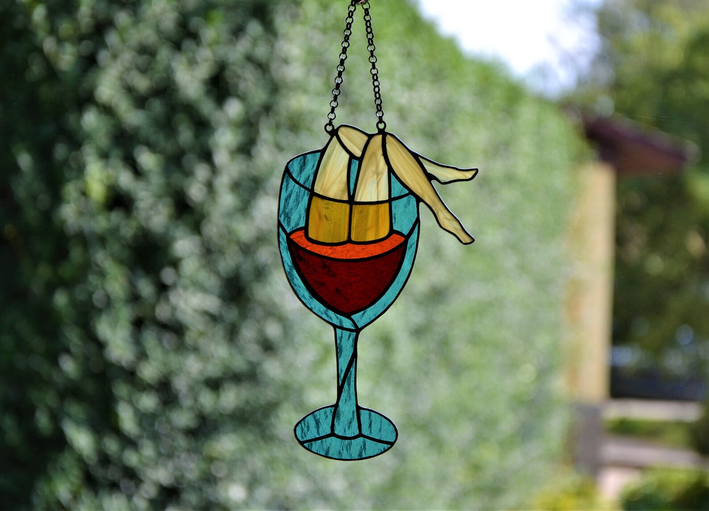 Suncatcher Stained glass window hanging Wine diving Stain glass art Wall decor Gift for her Wine glass Joke gift Handmade gift Xmas gift