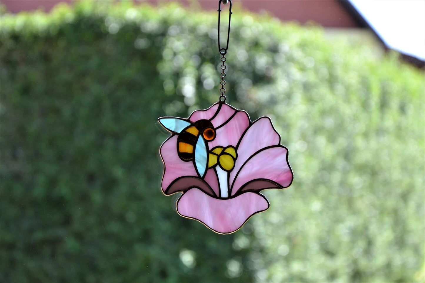 Bee and flower stained glass suncatcher Window hanging sun catcher Pink Hibiscus Christmas gift