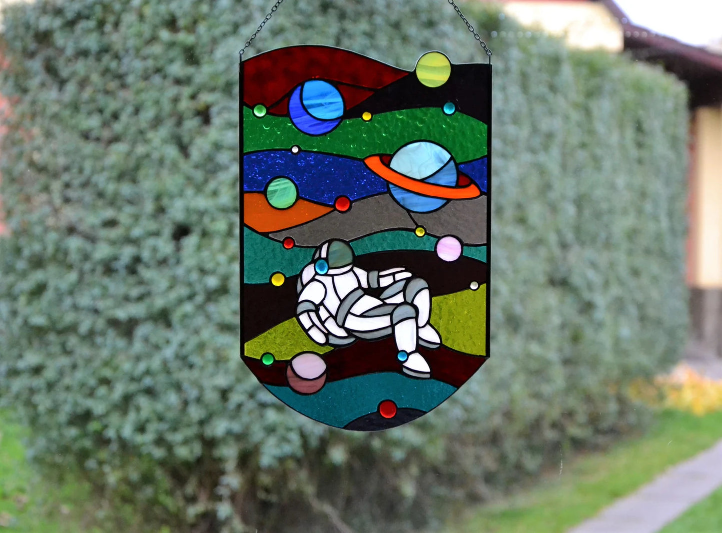 Stained glass panel Astronaut Window hanging suncatcher Stain glass decor Space landscape Gift for him Wall art Window pendant Xmas gift
