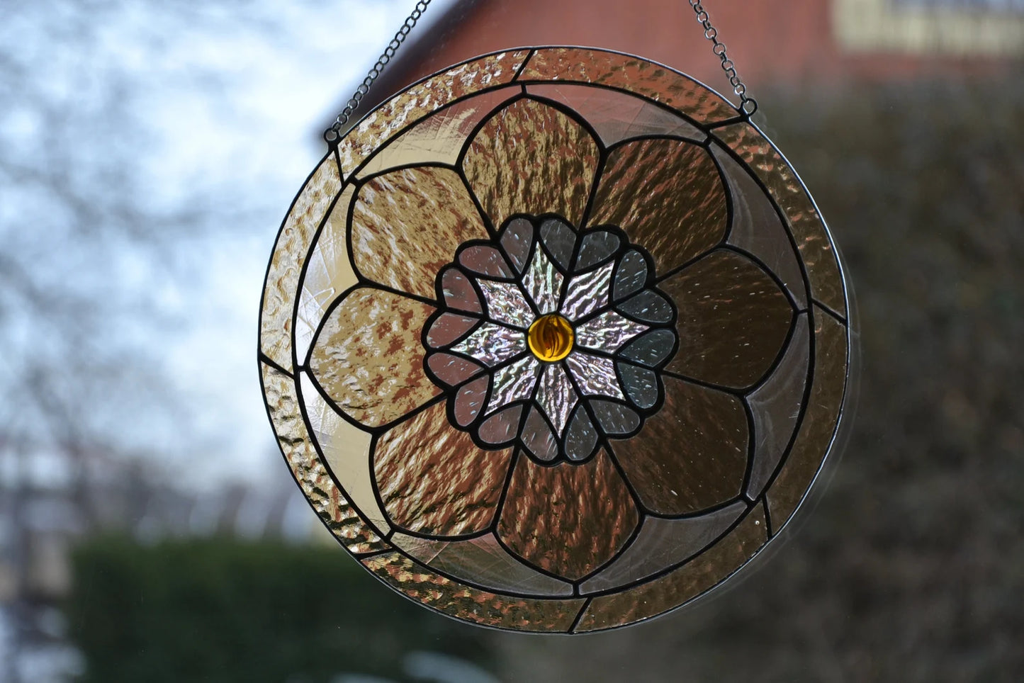 Stained glass panel Bronze glass mandala Stained glass window hanging Clear Lotus suncatcher Christmas gift Yoga Wall decor Stain glass gift