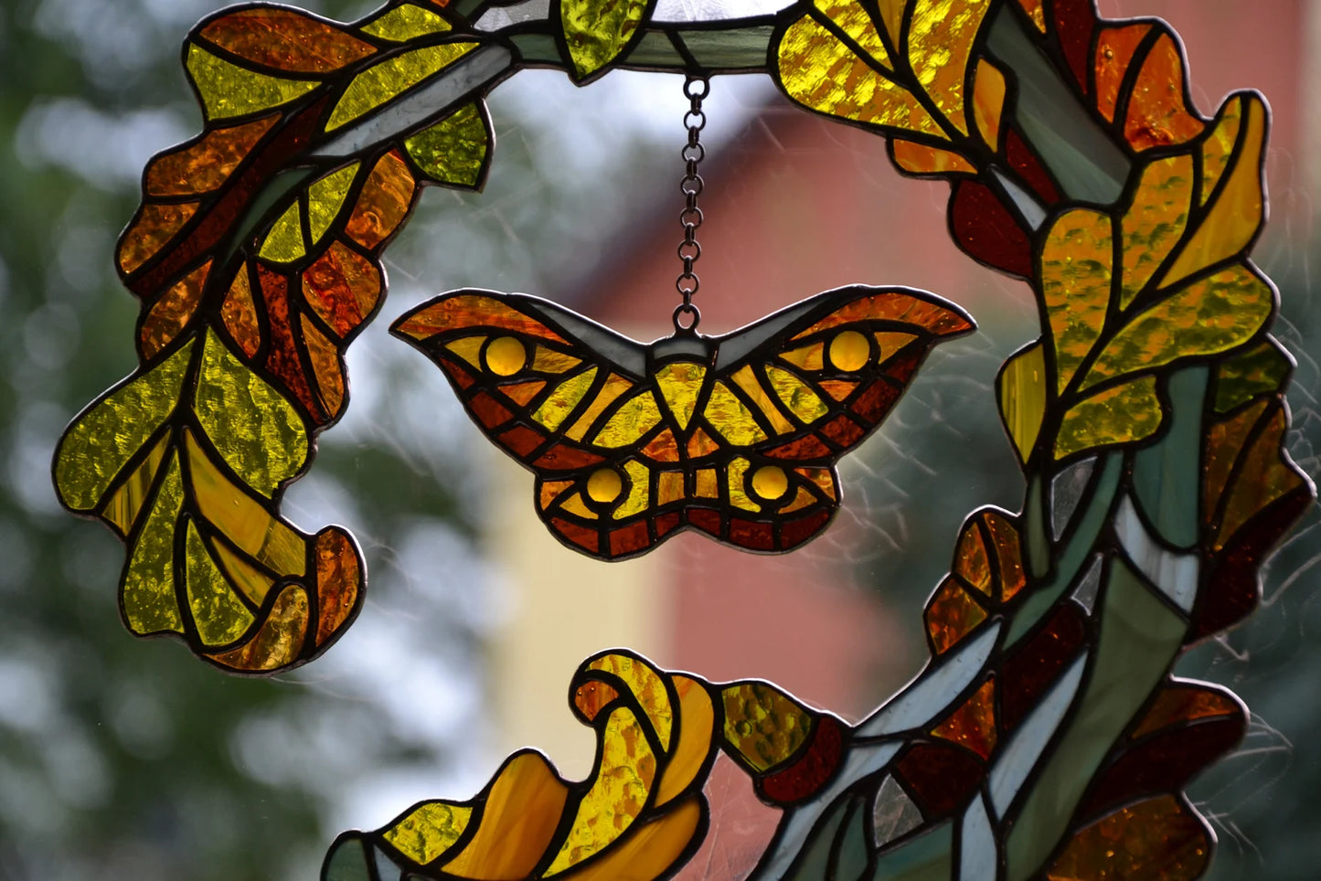Stained glass window hanging Fall wreath Glass butterfly Living room decor Christmas gift Wall decor Stain glass pendant Garden glass art