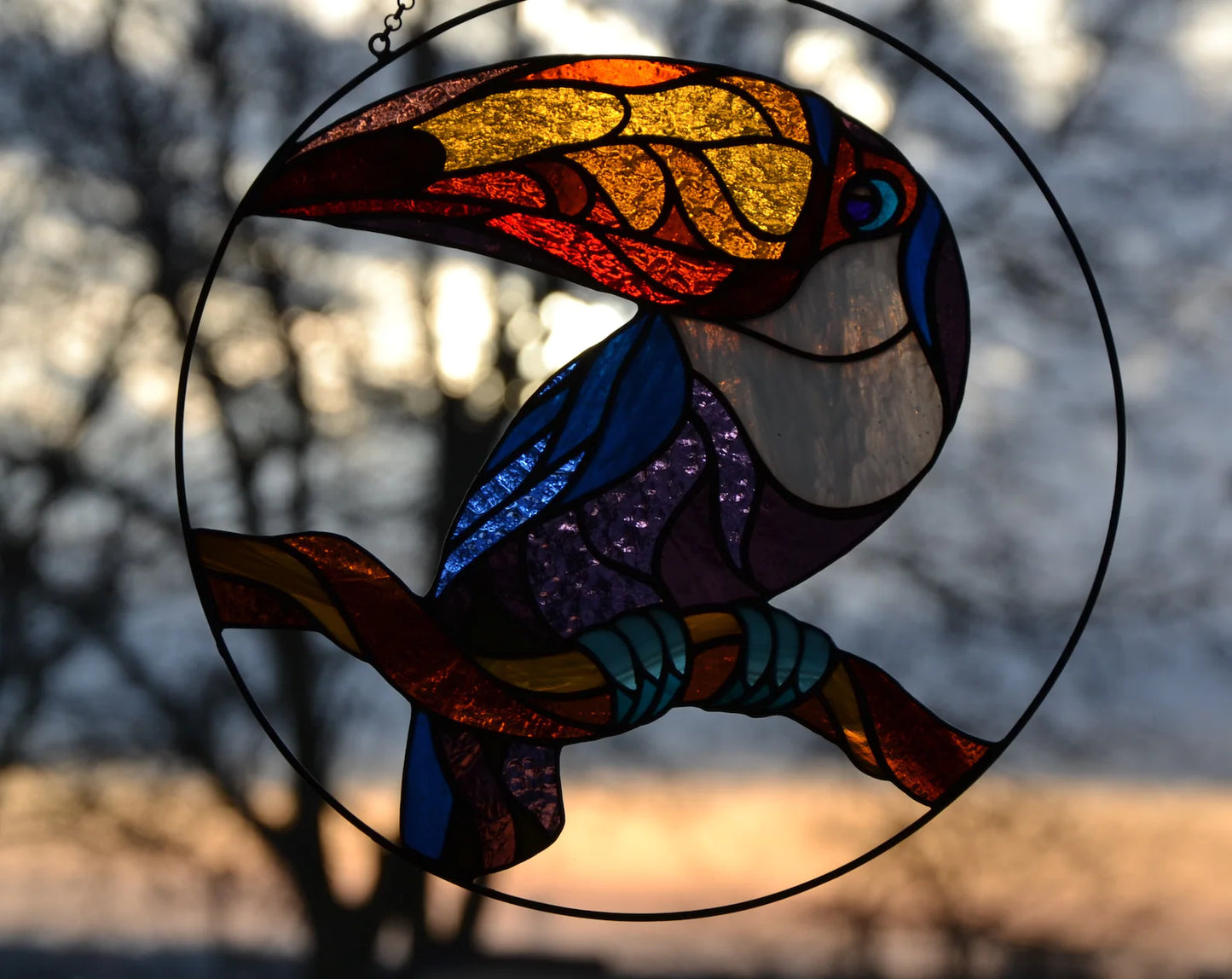 Stained glass bird Toucan Window hanging bird Glass art Gift idea Stain glass bird Ring suncatcher Wall hanging bird Wall decor