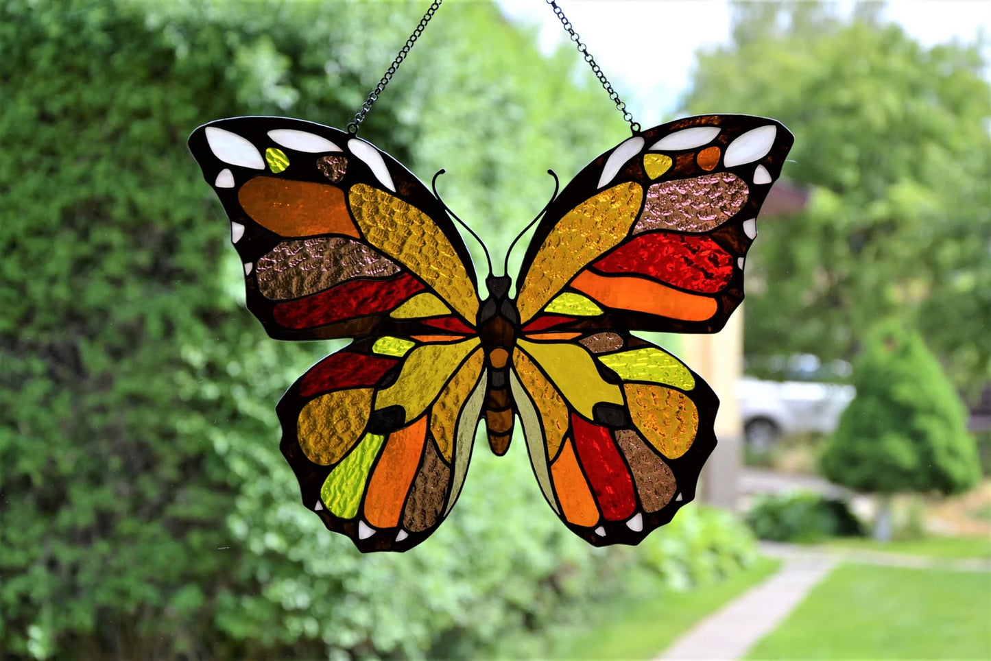 Stained glass suncatcher Butterfly window hanging pendant Stain glass art Coloredglass butterfly Home and Garden decor Summer decoration