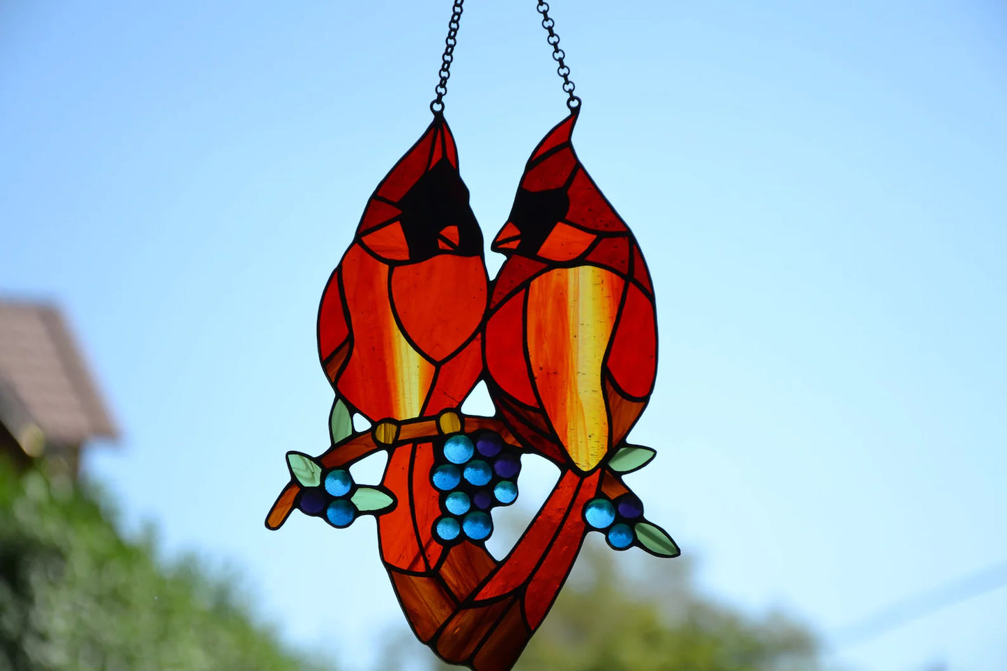 Suncatcher Stain glass hanging Сardinal Stained glass bird Wall decor Window hanging sun catcher Gift for mom Glass berries Fused glass