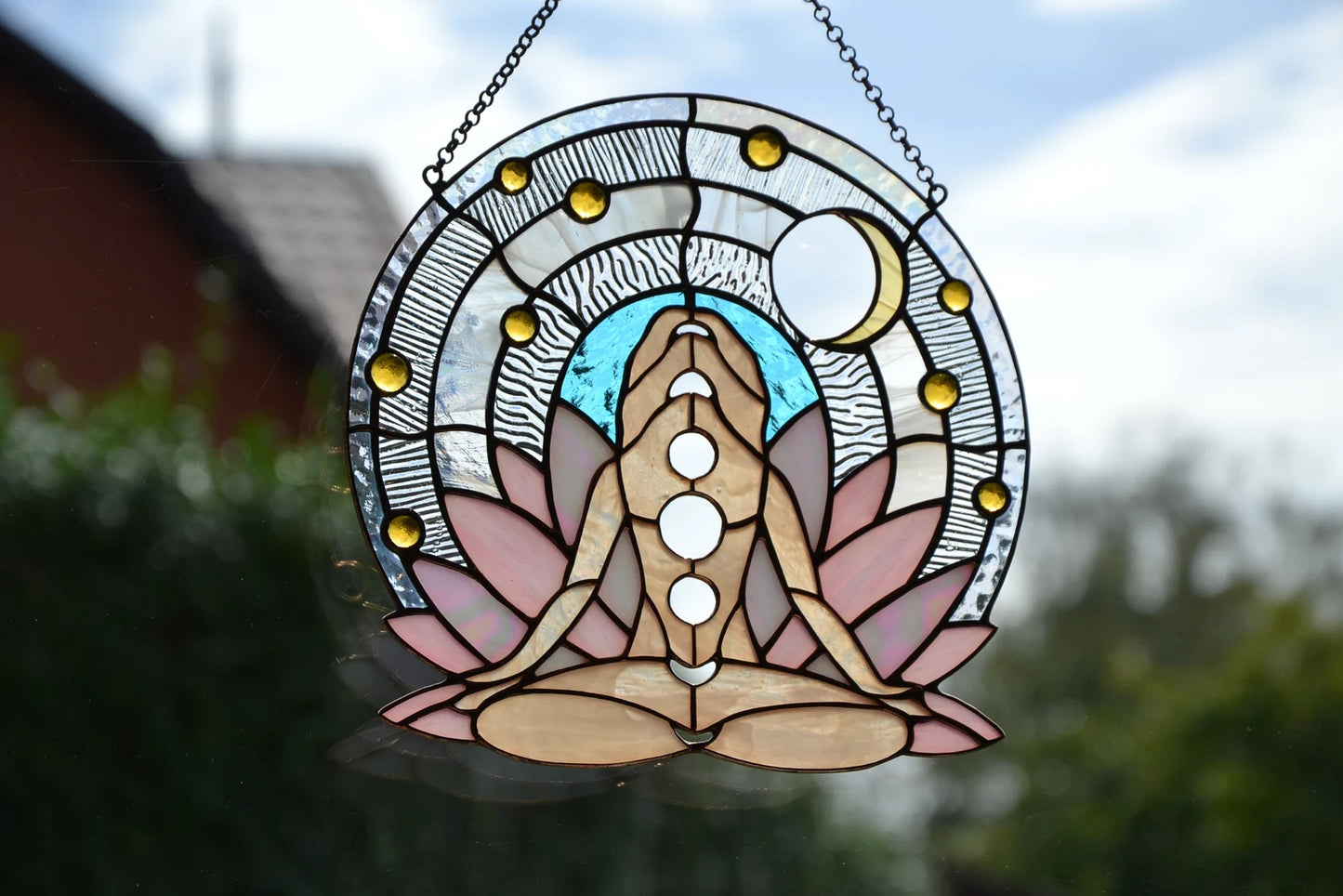 Stained glass suncatcher Woman lotus pose Glass window hanging Gifi for her Yoga lover Chakra Positions Wall decor Living room decor Xmas