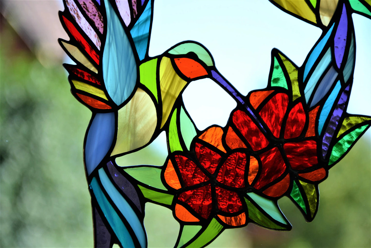 Stain glass suncatcher Hummingbirds and flowers wreath Stained glass window hanging Xmas gift Wall decor Living room decor Custom glass