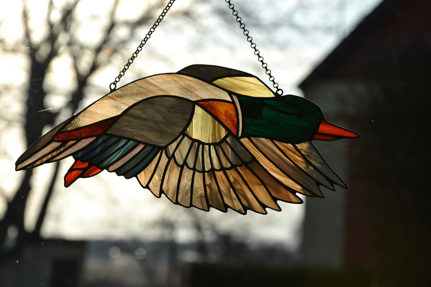 Stained glass suncatcher Flying duck Window hanging sun catcher Glass bird Stain glass art Mother day gift Wall decor Beautiful bird Garden